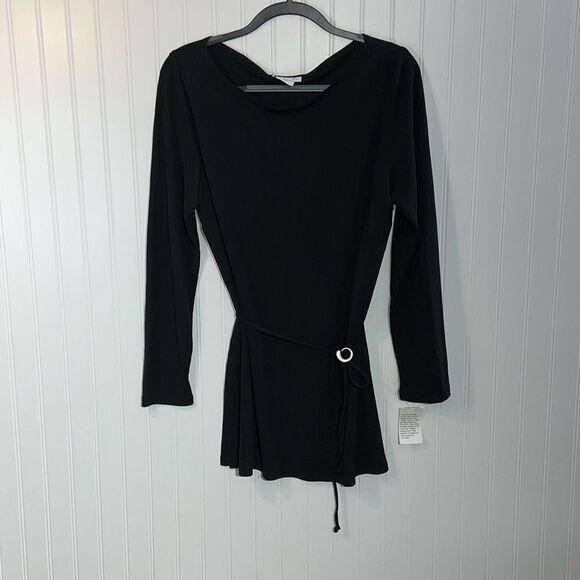 Vintage David Warren New York Belted Tunic Womens 16 Black Long Sleeve Crew Neck - Picture 1 of 10